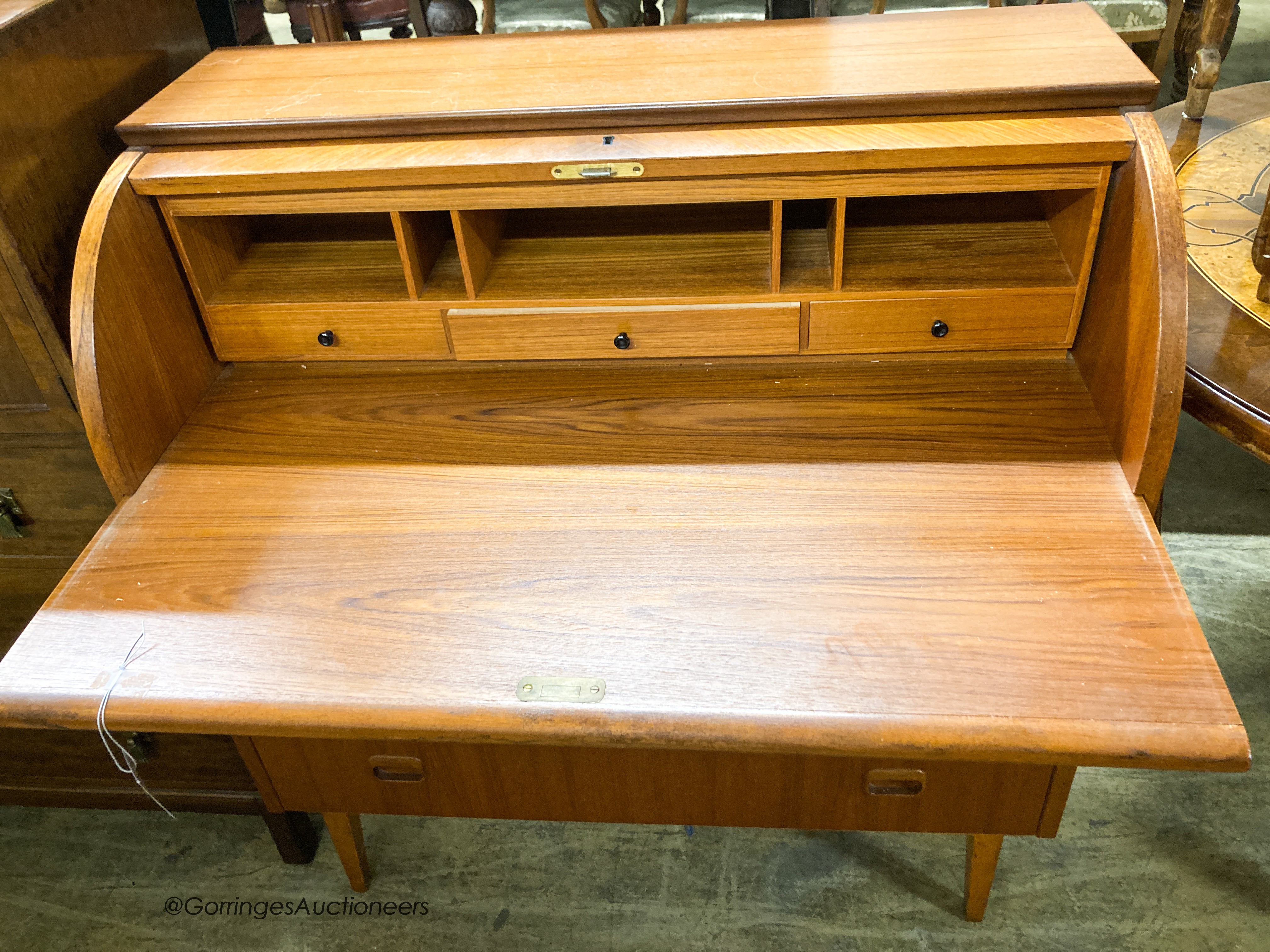 A mid century design teak cylinder bureau, width 90cm, depth 48cm, height 96cm